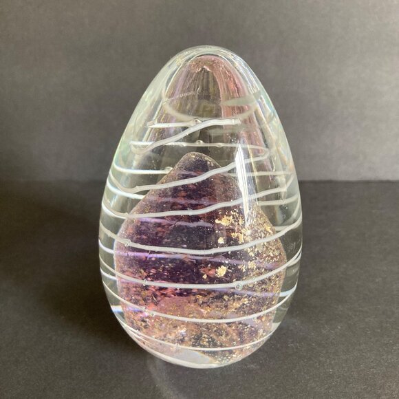 Hand Blown Glass Egg Shaped Paperweight Dichroic Purple And Gold White Swirls - Picture 2 of 7